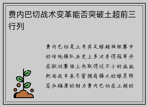 费内巴切战术变革能否突破土超前三行列
